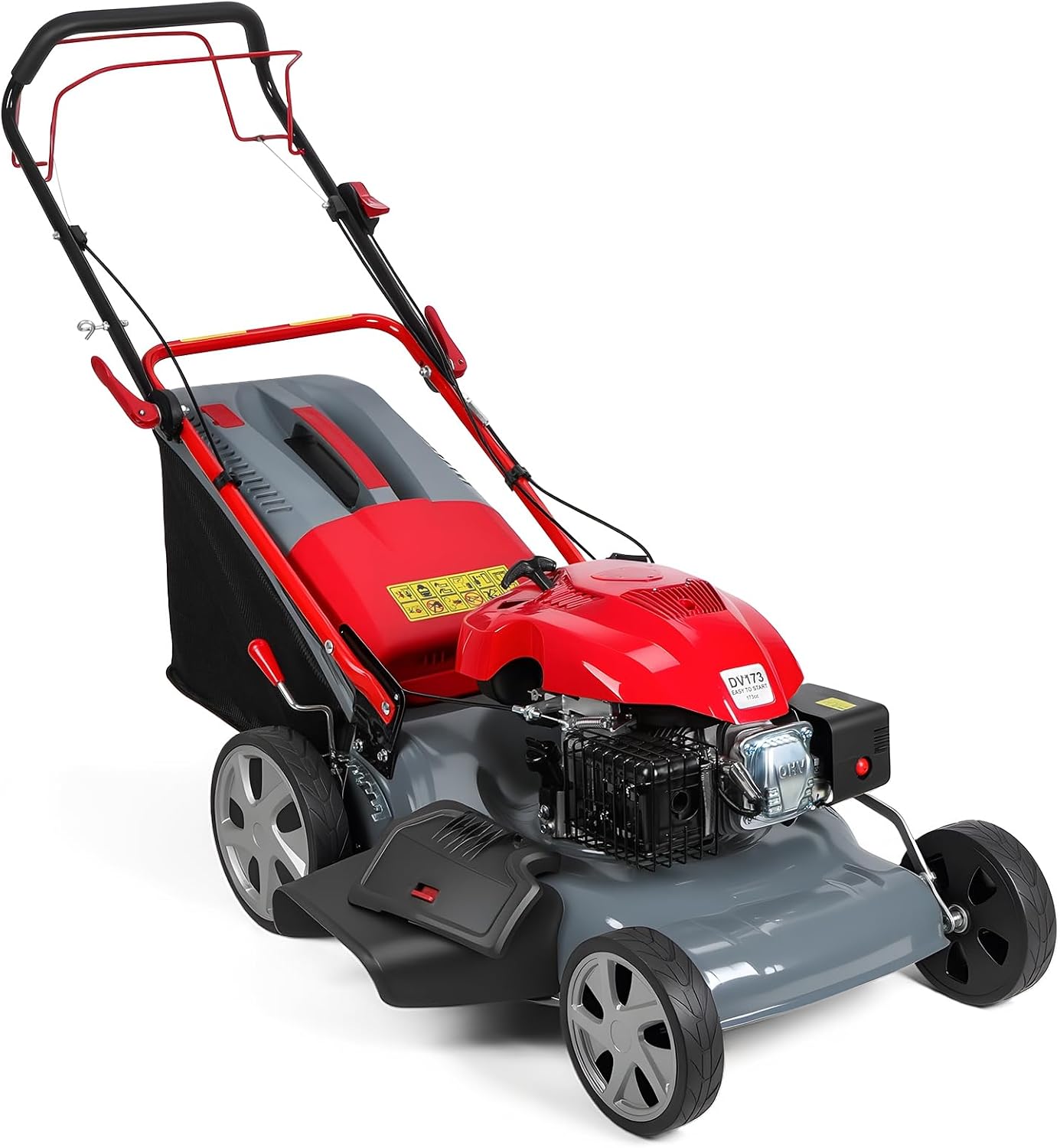 20Inch Self-Propelled Gas Lawn Mower, 173cc Walk-Behind Push Mower with 3-in-1 Bagging/Mulching/Side Discharge, Adjustable Height Design, Heavy Duty Gas Mowers with 60L Grass Bag ＆ Big Wheels