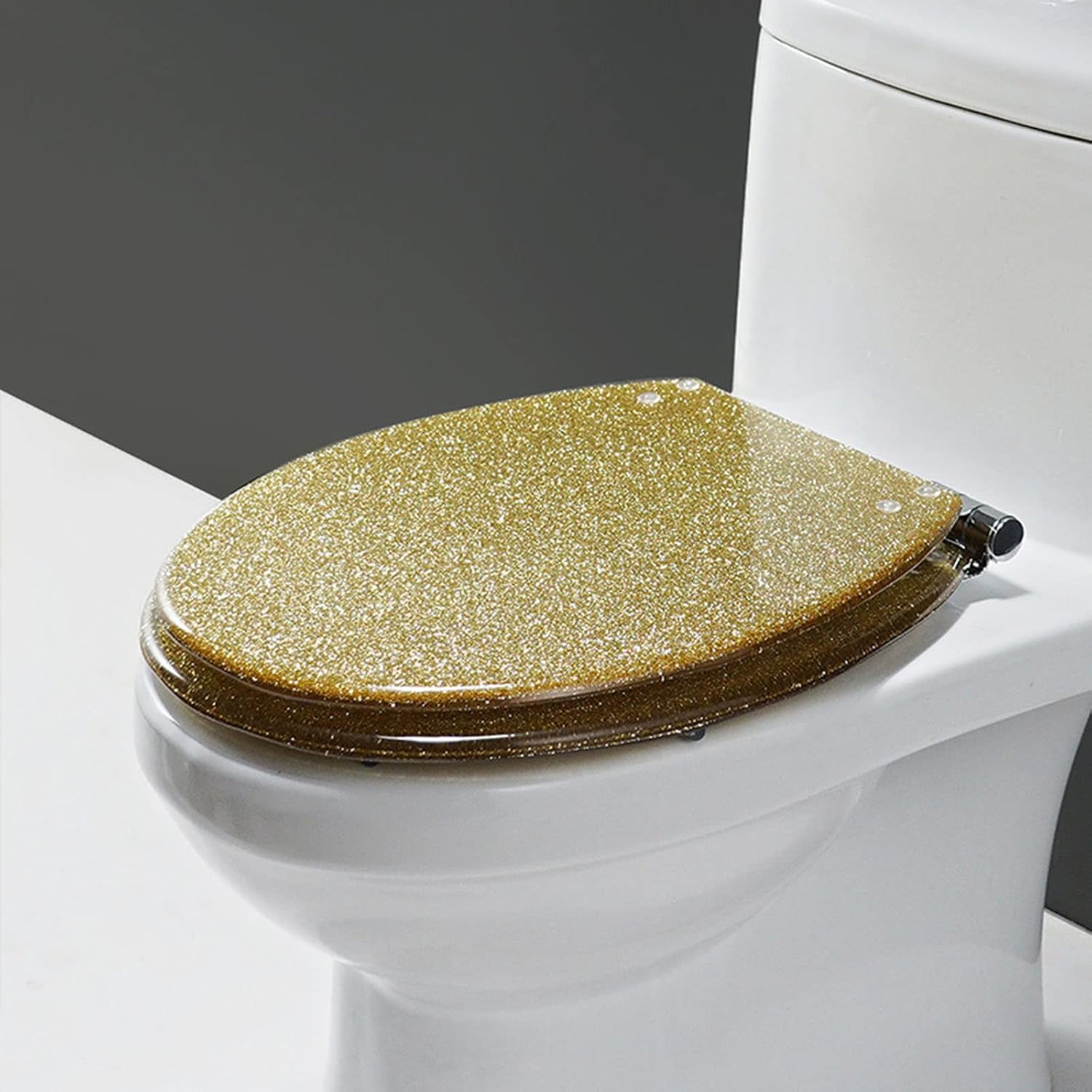 Sparkly Resin Toilet Seat, Elongated Toilet Seat Soft Close, Thicken Toilet Seats, Glitter Toilet Seat Slow Close Bathroom Toilet Lid, Easy Clean & Install, 42 × 36cm,Gold(Gold)