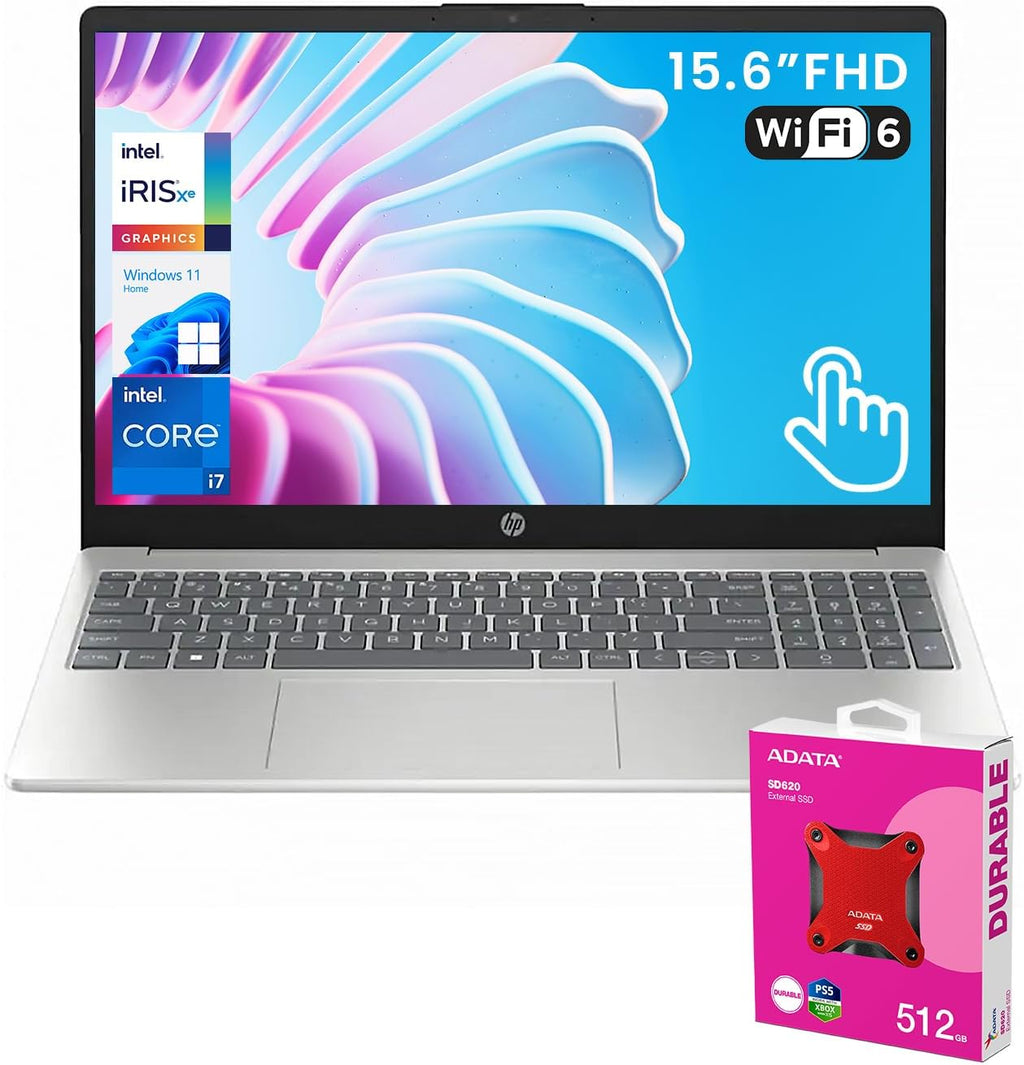 HP 2025 Essential 15 Next Gen AI Copliot Business Laptop, 15.6' FHD Touchscreen Display, Intel i7-1355U, 8GB RAM, 128GB SSD, Wi-Fi 6, USB-C, Win11 Home, Silver, Bundle with ADATA 512GB External SSD