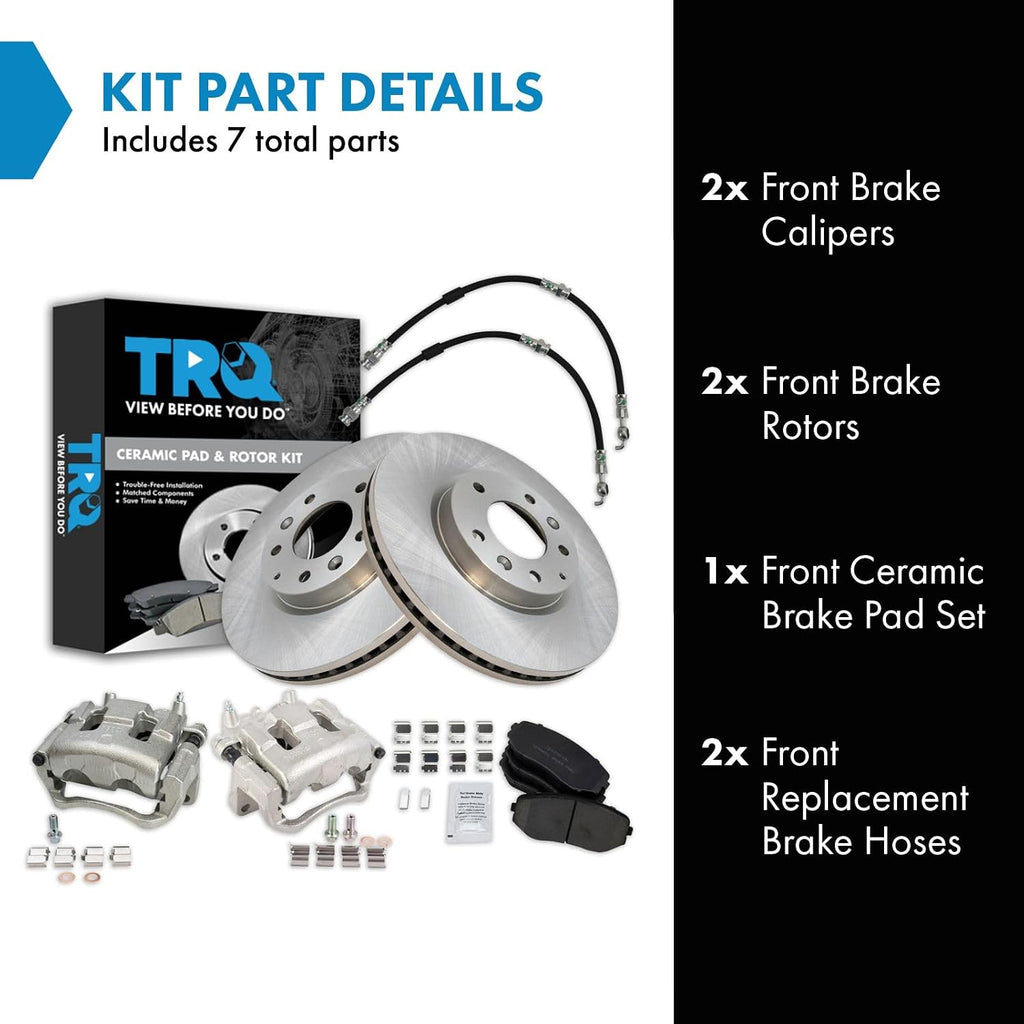 TRQ Front Brake Pad and Rotor Set Ceramic Rotors Calipers Hoses Compatible with 2007-2012 Mazda CX-7