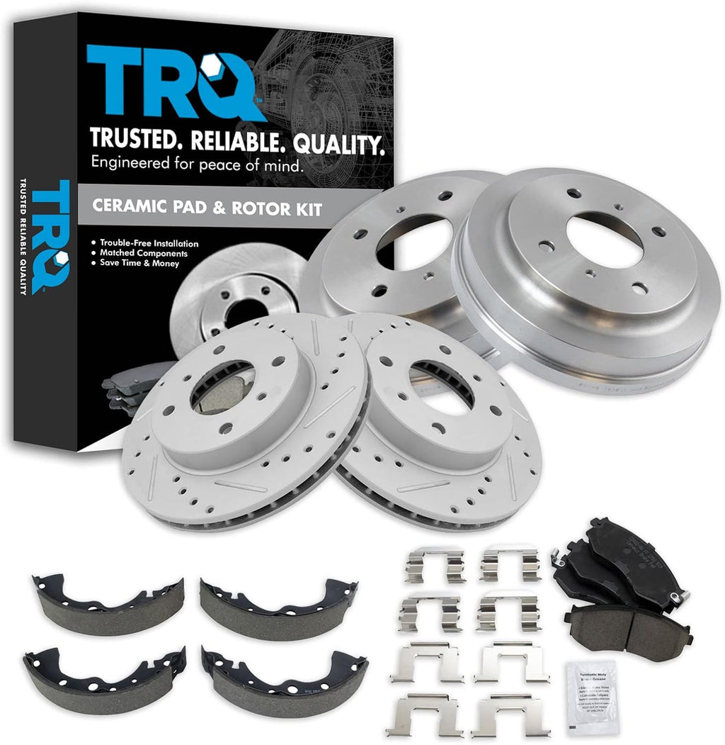 TRQ Brake Performance Rotor Pad Drums Shoes Kit Front & Rear Compatible with Nissan Sentra