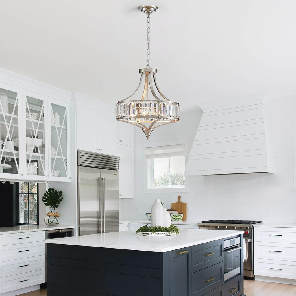 Crystal Chandeliers for Dining Room Rustic Farmhouse Pendant Round 4-Light Brushed Nickel Lighting Fixture for Dining Room Kitchen Island Hallway Bedroom Home Office