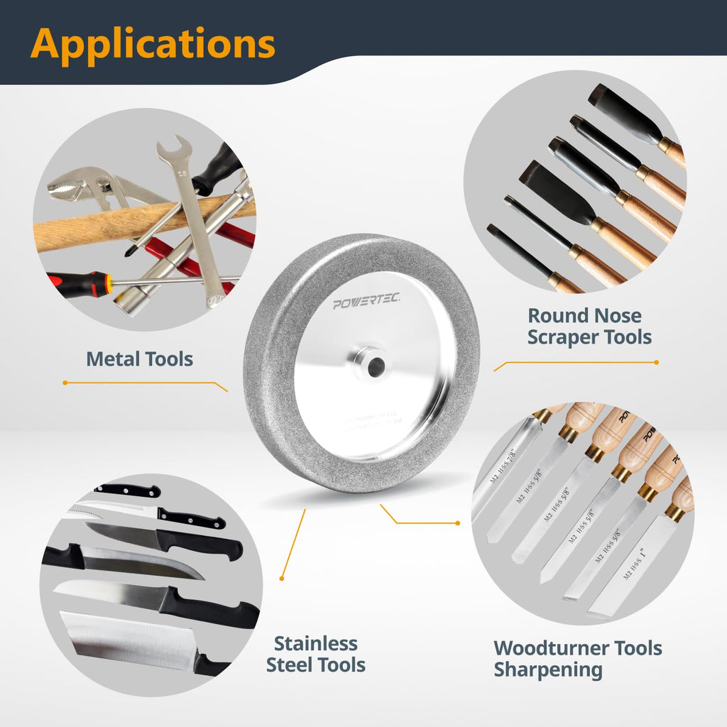 POWERTEC CBN Grinding Wheel 8 Inch, 5/8' Arbor, 8' x 1' Wide 180 Grit Bench Grinder Wheel & 8' x 1-1/2' Wide 80 Grit, 4-in-1 CBN Sharpening Wheel w/ 1/4' Radius Edge and Side Face - 2PK (15710)