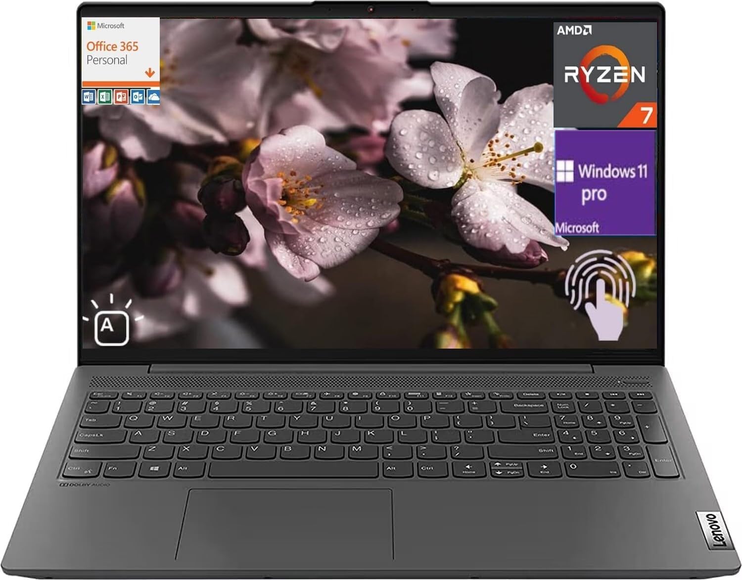 Lenovo IdeaPad 5 15.6' FHD Touchscreen Laptop with Microsoft Office 365, AMD Ryzen 7 5825U, 16GB RAM 1TB PCIe SSD, Wi-Fi, Fingerprint Reader, Backlit Keyboard, Windows 11 Pro, Grey