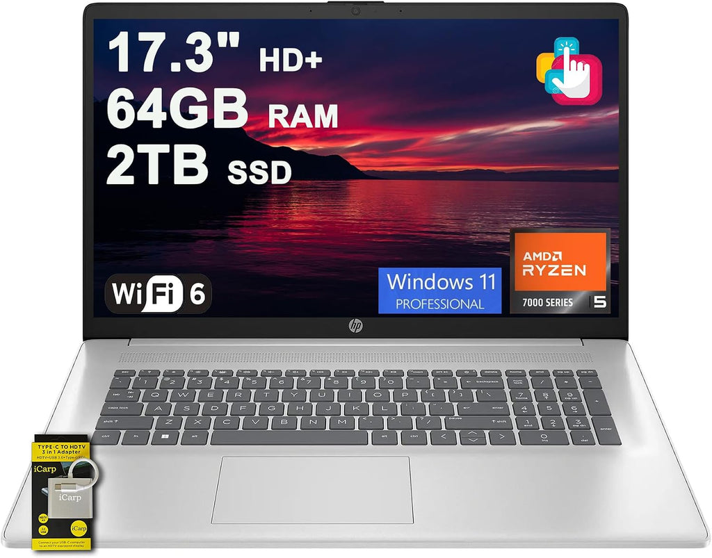 HP 17 Business Laptop 17.3' HD+ Touchscreen AMD 6-core Ryzen 5 7430U (Beats i7-1255U) 64GB RAM 2TB SSD Type-C Fast Charge Long-Lasting Battery Win11Pro ICP Hub