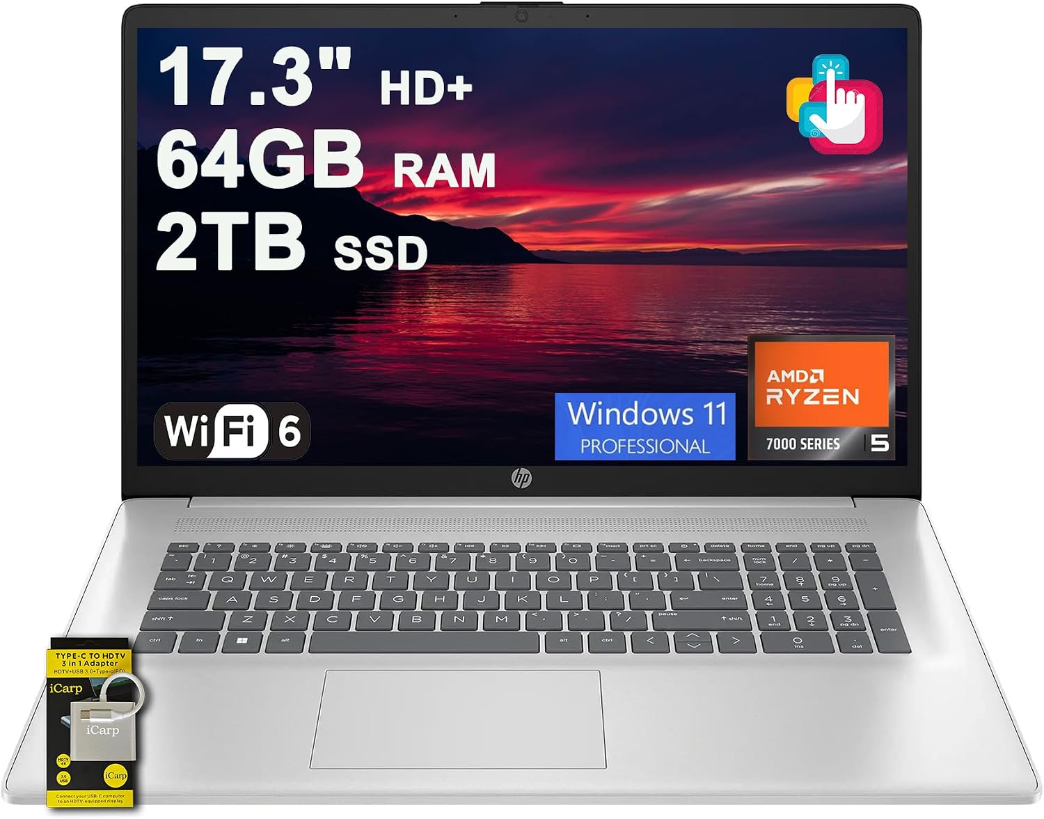 HP 17 Business Laptop 17.3' HD+ Touchscreen AMD 6-core Ryzen 5 7430U (Beats i7-1255U) 64GB RAM 2TB SSD Type-C Fast Charge Long-Lasting Battery Win11Pro ICP Hub