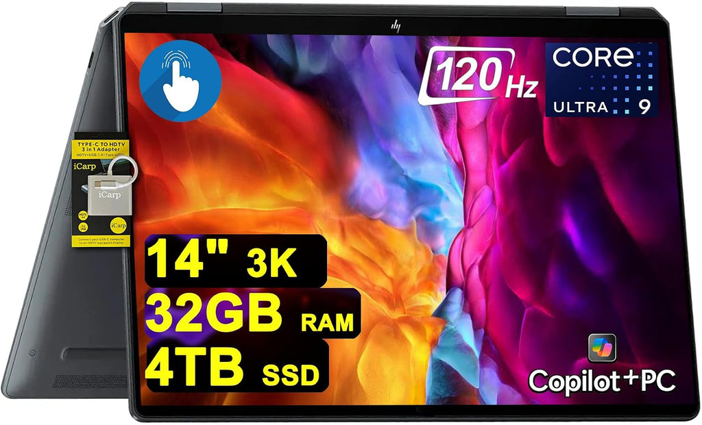 HP OmniBook Ultra Flip 2-in-1 Laptop 14' 3k OLED Touch Intel 8-core Ultra 9 Series 2 288V (Up to 48 Tops) 32GB RAM 4TB SSD for Creator Designer Business Professional Win11 ICP Hub