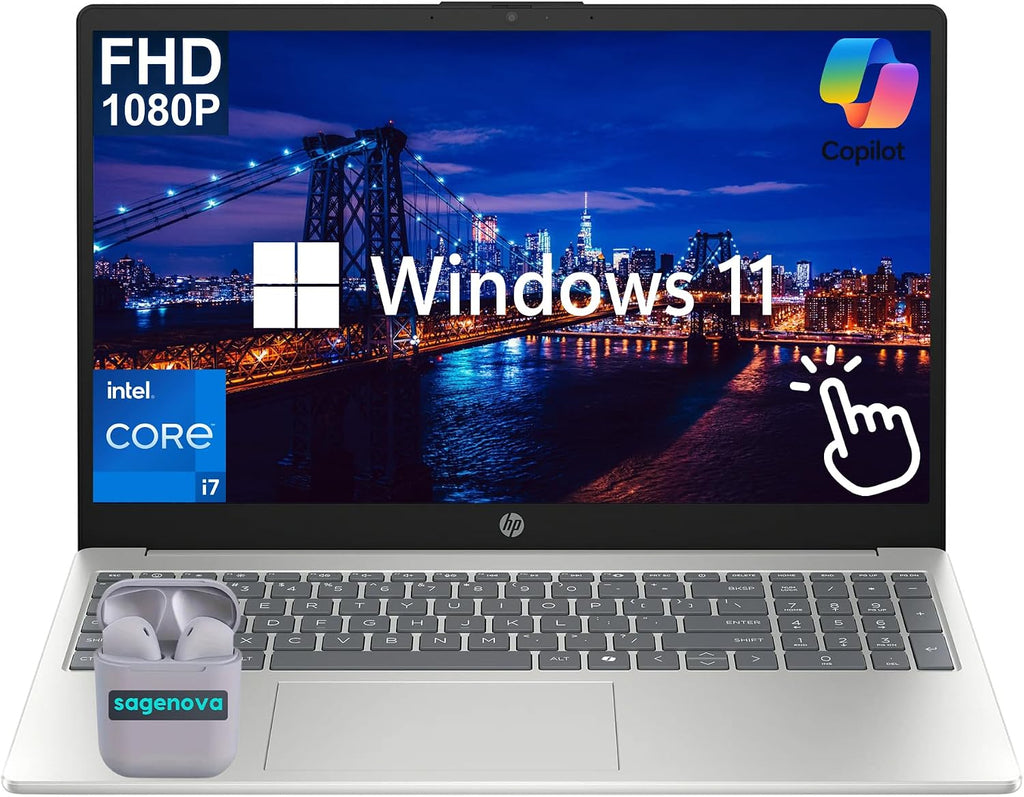 HP Touchscreen 15.6' FHD Business Laptop Computer, Intel Core i7-1355U 10-Core Processor, Windows 11 Home, 32GB RAM 1TB SSD, Numeric Keypad, SageNova Earphones, Natural Silver