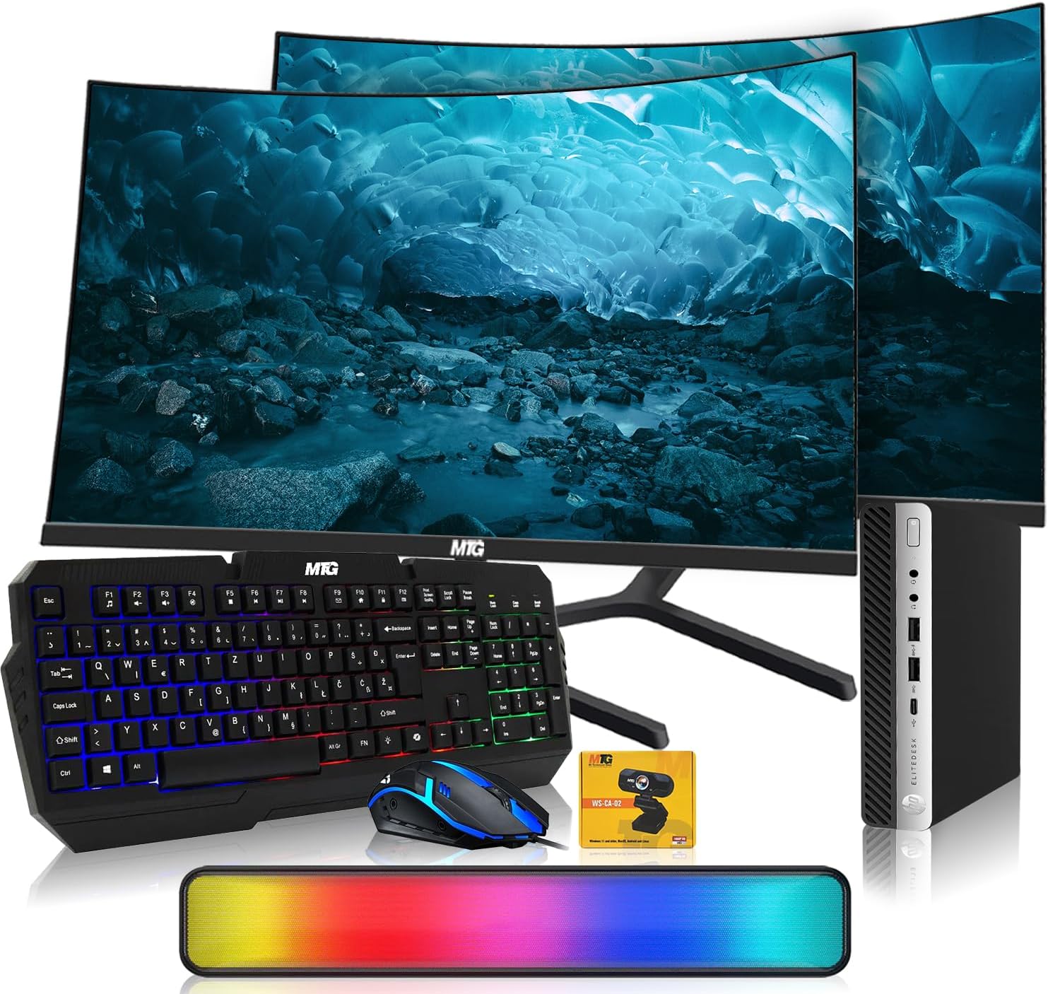 HP G3 Tiny Mini Desktop PC, Intel Core i5, 16GB RAM, 1TB SSD with Dual 24 inch Curved Monitor, AI Enabled RGB Keyboard Mouse, RGB Soundbar and Webcam Windows 11 (Renewed)