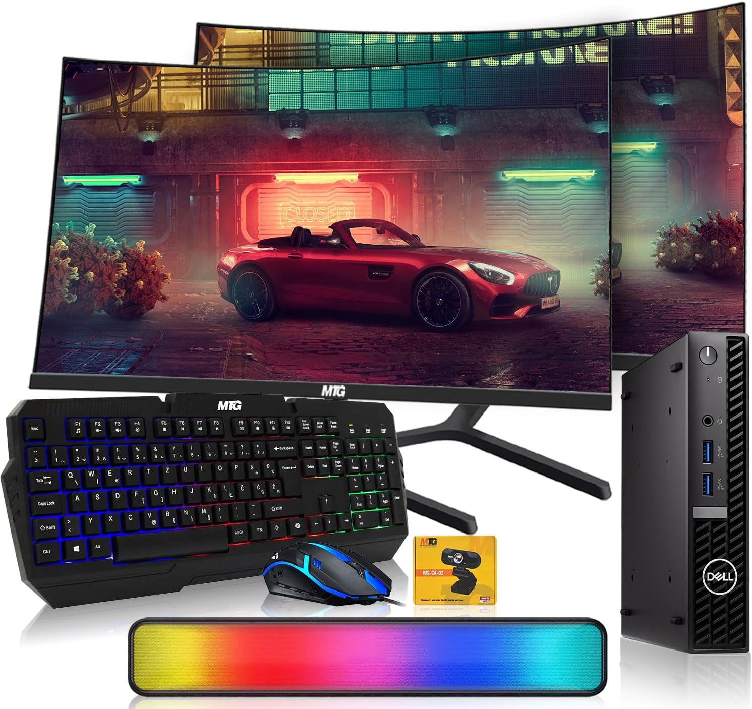 Dell Optiplex Tiny Mini Desktop PC, Intel Core i5, 16GB RAM, 1TB SSD with Dual 27 inch Curved Monitor, AI Enabled RGB Keyboard Mouse, RGB Soundbar and Webcam Windows 11 Pro (Renewed)