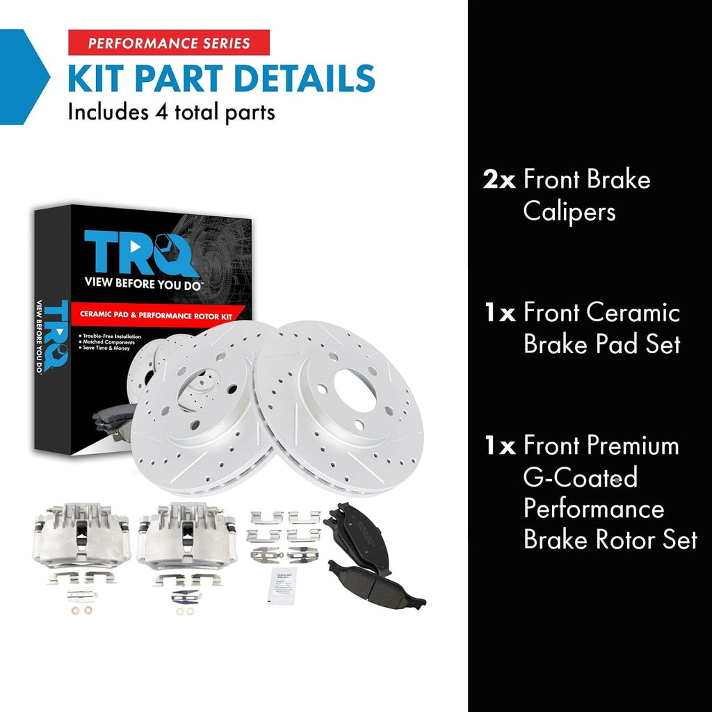 TRQ Performance Front Brake Pad and Rotor Set Ceramic Drilled Slotted Coated Rotors Calipers Compatible with 1999-2002 Ford Mustang
