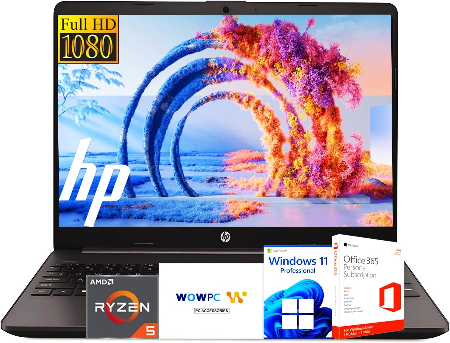 HP Business Laptop with Microsoft Office 365, AMD Ryzen 5 5500U Processor (Beats i7-1165G7), 15.6' FHD Display, 16GB RAM, 1TB SSD, Ethernet RJ-45, SD Card Reader, HDMI, Windows 11 Pro, WOWPC USB