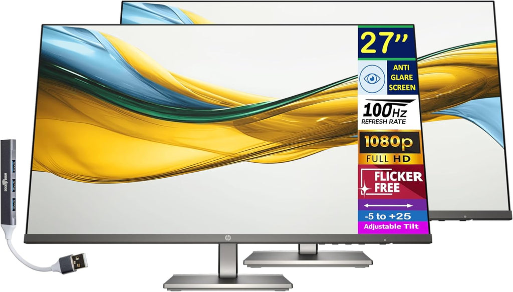 HP Series 5 527da 27' IPS FHD Monitor with 5ms Response Time, Anti-Glare, Flicker Free, 300 nits Brightness, VGA, HDMI & Dockztorm USB Port Expander, Black/Metal Gray Color (B11W6AT#ABA) 2 Pack