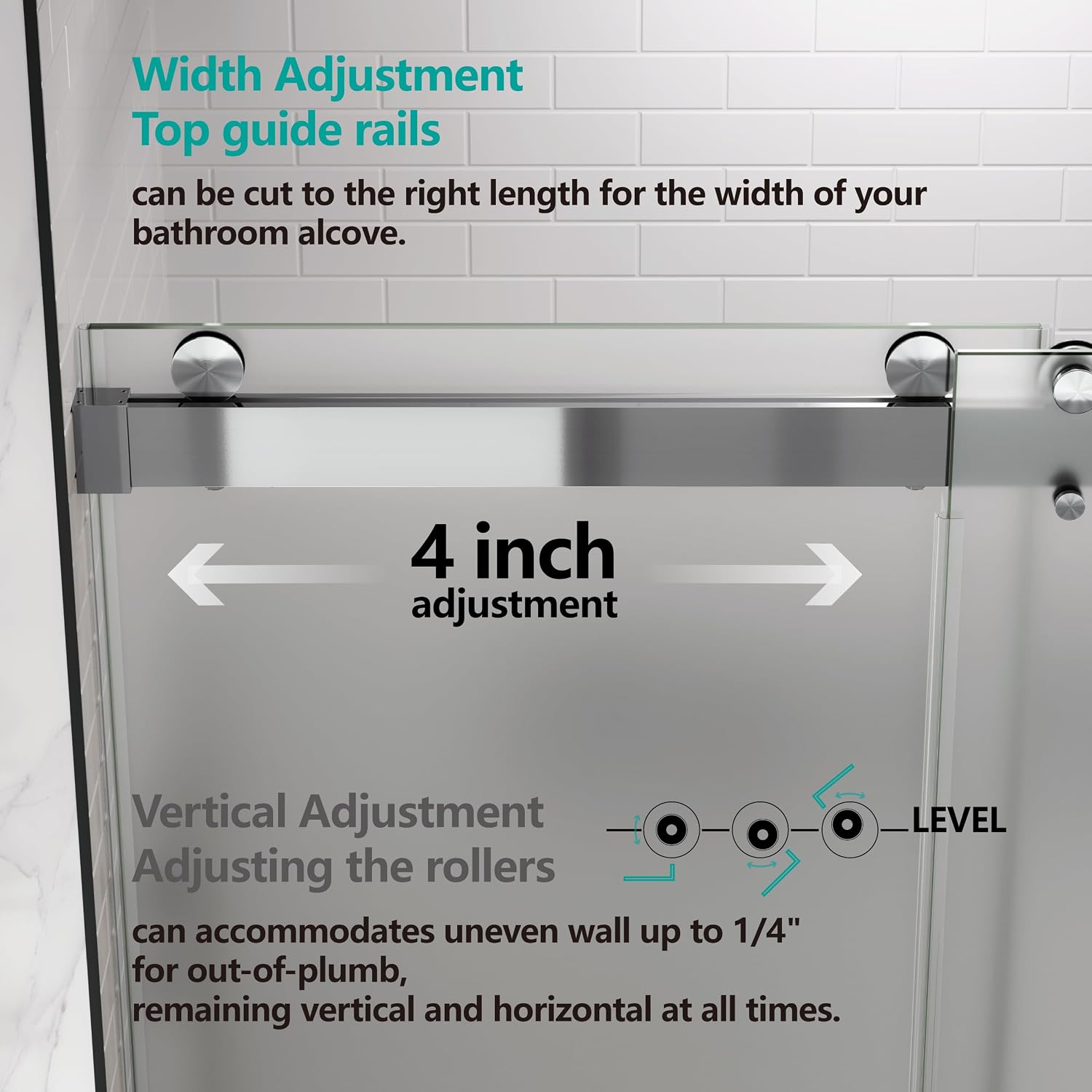 3/8'(10mm) 56-60' W x 76' H Shower Doors Frosted Glass Soft Closing Double Sliding Frameless Hidden Pull Handle and Towel Bar Handle Stainless Steel Hardware (Brushed Nickel)