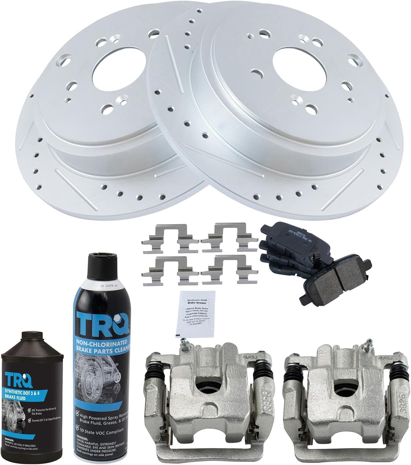 TRQ Rear Performance Brake Pad, Caliper, & Rotor Kit, with Chemical Kit Semi-Metallic Premium G-Coated Compatible with 2001-2006 Acura MDX 2003-2008 Honda Pilot