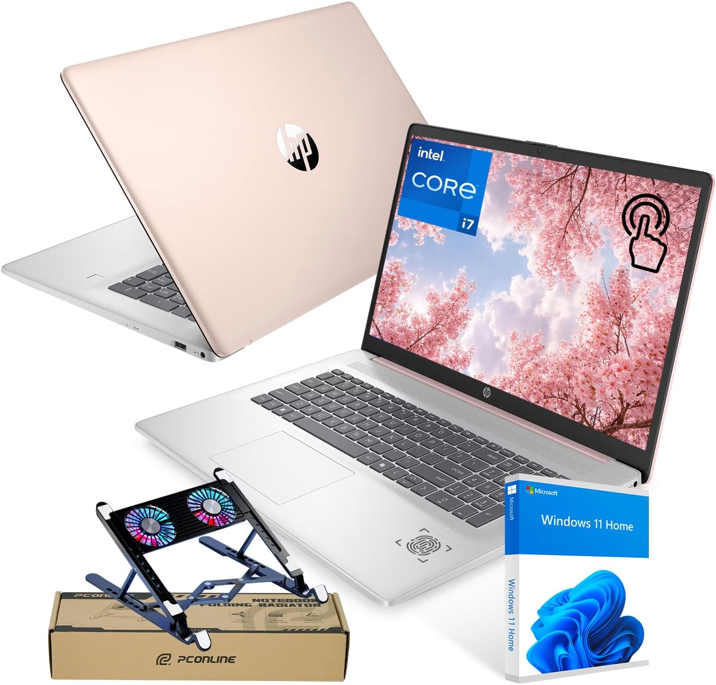 HP 17.3' Touchscreen Laptop, Intel Core i7-1355U, Pale Rose Gold, 32GB RAM, 2TB SSD, Webcam, Backlit Keyboard, Fingerprint Reader, Wi-Fi 6, Windows 11 Home, Bundle with PCO Laptop Cooler