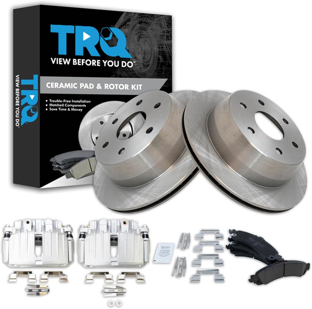 TRQ Rear Brake Pad and Rotor Set Ceramic Rotors Calipers Compatible with 2001-2002 GMC Yukon