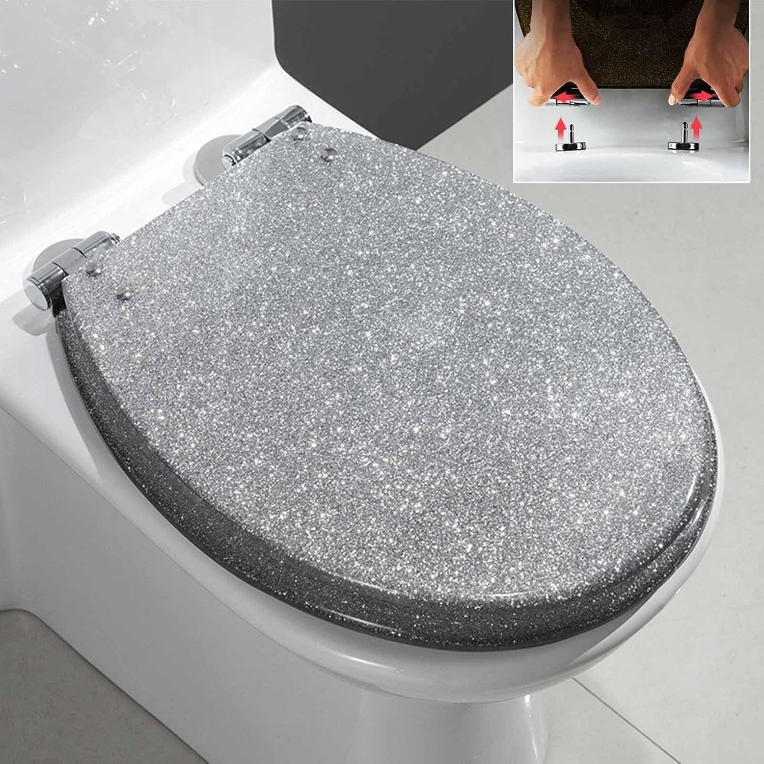 16.5 in Toilet Seat,Round Toilet Seat Cover Thicken Heavy Duty Non-Slip Toilet Lid Quick Release Easy Cleaning,Resin Toilet Seat with Adjustable Hinges,Silver，Silver