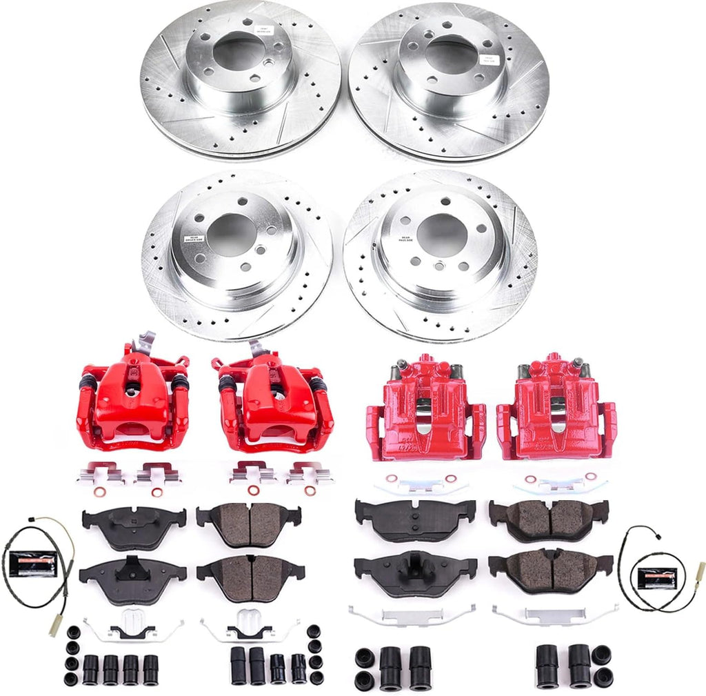 PowerStop Front and Rear Brake & Caliper Kit for BMW 328i xDrive 2011-13 - Carbon-Fiber Ceramic Brake Pads + Drilled & Slotted Rotors + Red Powder Coated Calipers, KC6074
