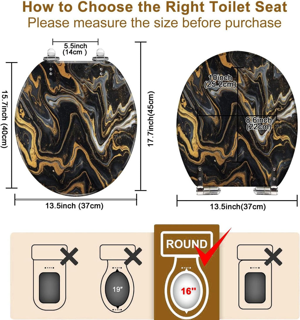 Round Toilet Seat marble ink paper texture black silver gold Resin Toilet Seat Quietly Close Quick Release Hinges Decorative Toilet Seat with Cover Easy to Install