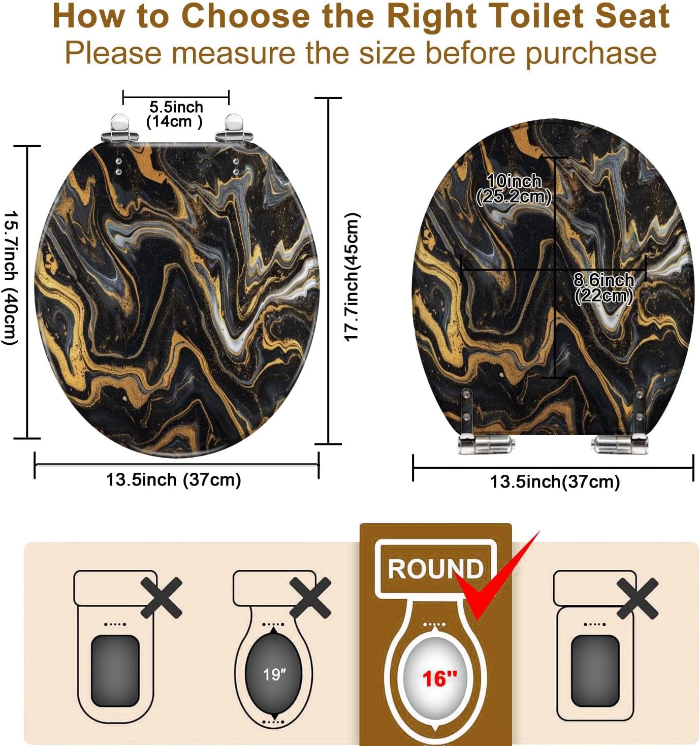 Round Toilet Seat marble ink paper texture black silver gold Resin Toilet Seat Quietly Close Quick Release Hinges Decorative Toilet Seat with Cover Easy to Install