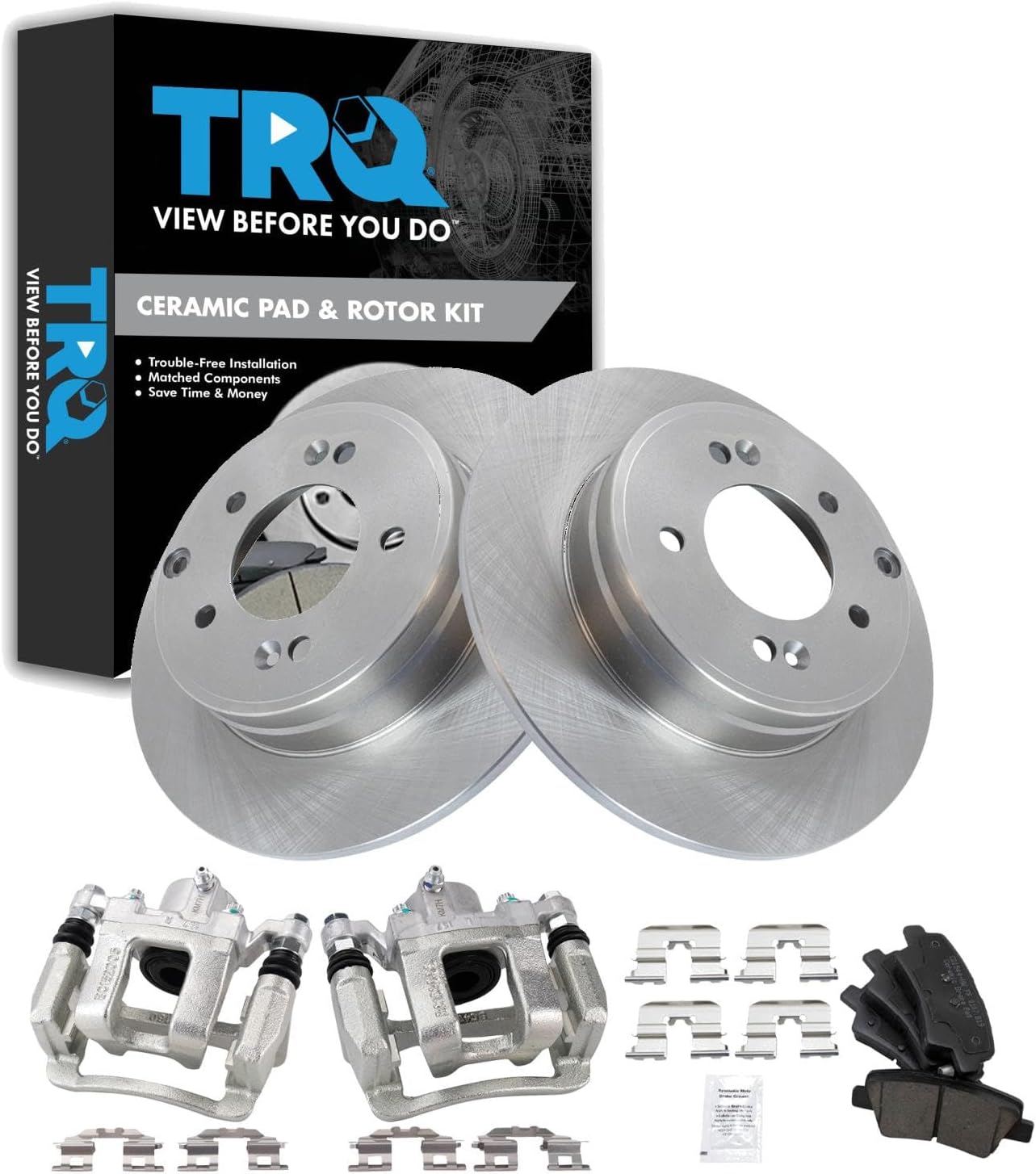 TRQ Rear Brake Pad and Rotor Set Ceramic Rotors Calipers Compatible with 2015 Hyundai Sonata 2014-2014 Kia Optima