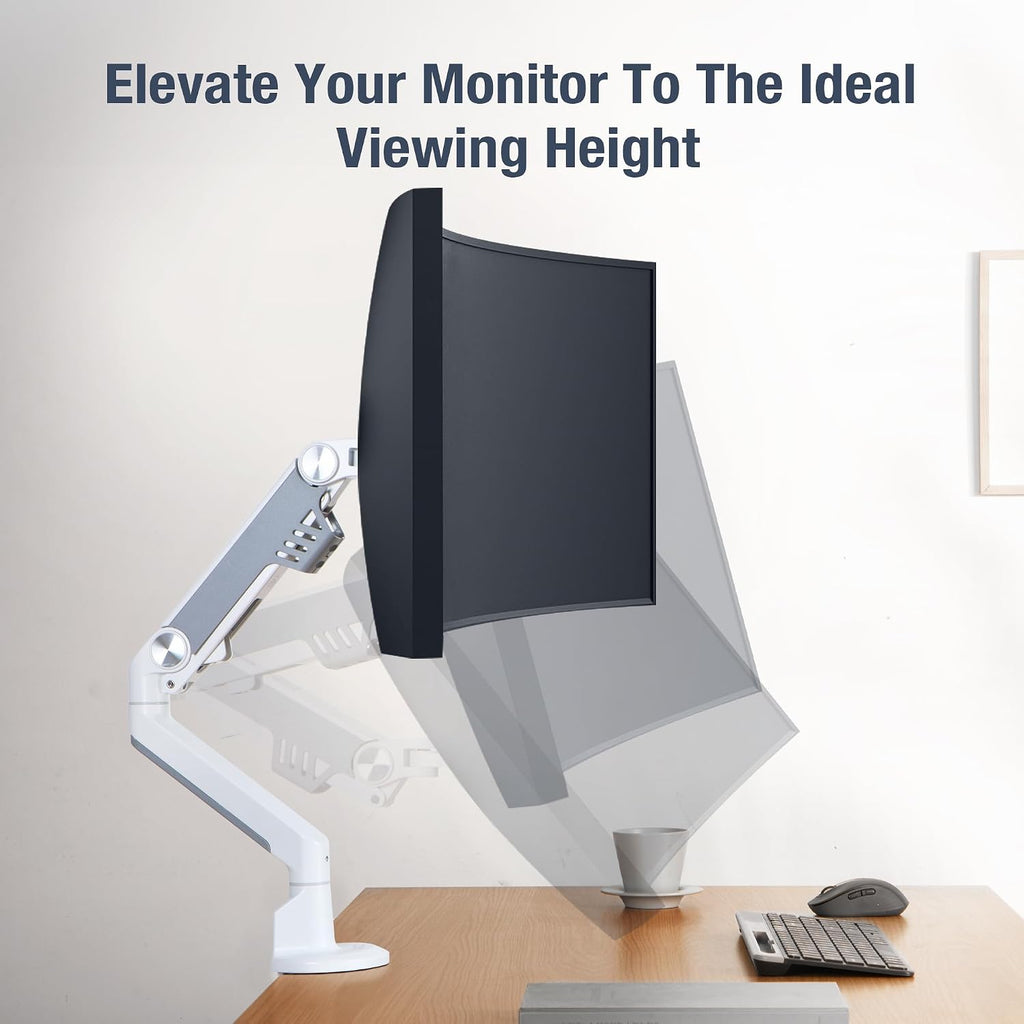 AVLT Single 13'-38' Monitor Arm Desk Mount fits One Flat/Curved/Ultrawide Screen Full Motion Height Swivel Tilt Rotation Adjustable Arm - VESA/C-Clamp/Cable Management - White