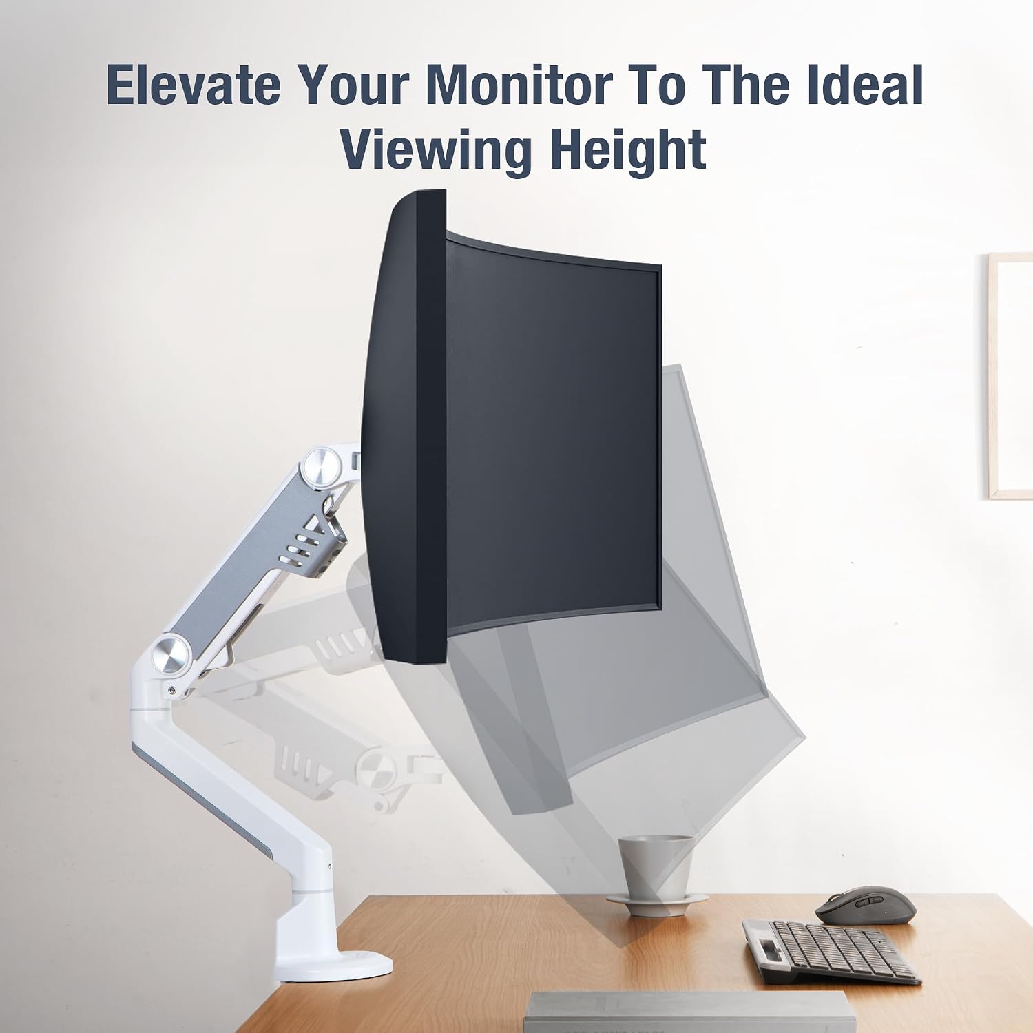 AVLT Single 13'-38' Monitor Arm Desk Mount fits One Flat/Curved/Ultrawide Screen Full Motion Height Swivel Tilt Rotation Adjustable Arm - VESA/C-Clamp/Cable Management - White