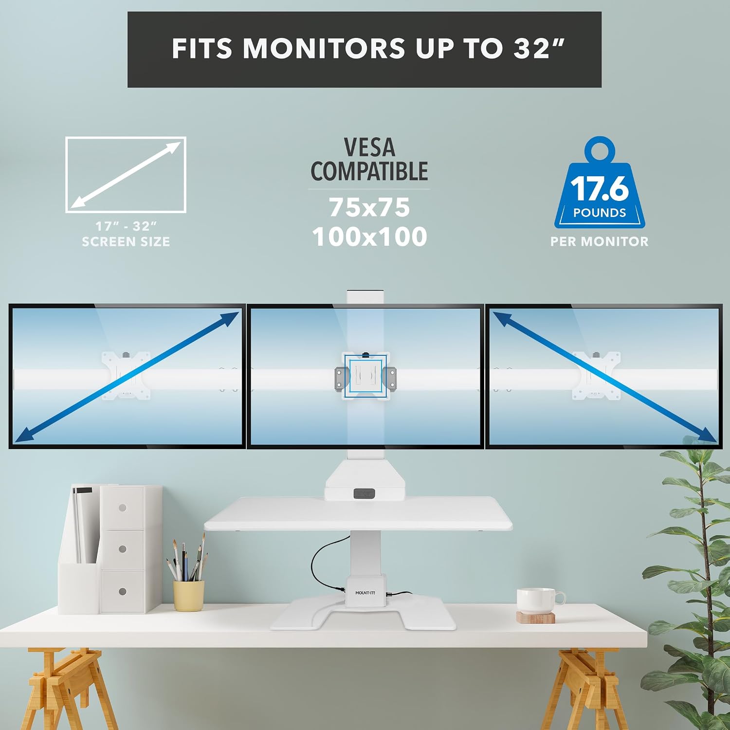 Mount-It! Triple Monitor Electric Standing Desk Converter - 3 Monitor Standing Desk is Height Adjustable, Sit-Stand Converting Desk for Home, Office Monitor Mounts Fits Screens up to 32' White