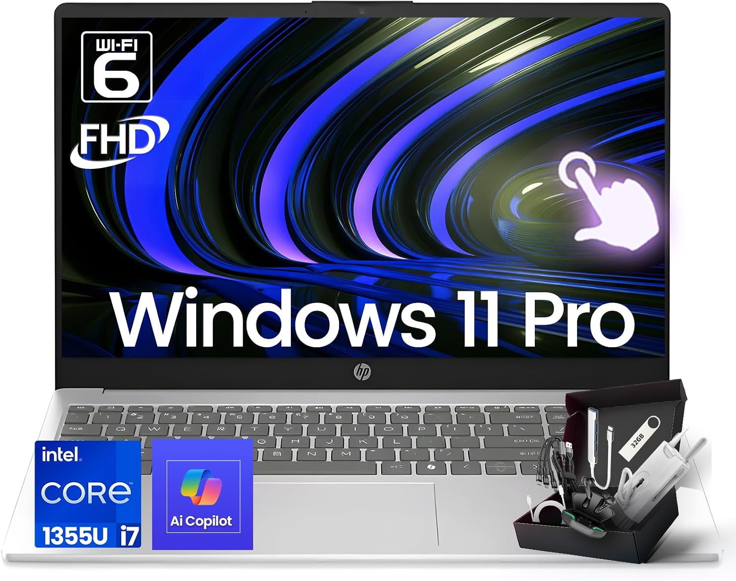HP 2026 i7 Touchscreen Laptop, 15.6' FHD Display, Intel i7-1355U (32GB RAM | 1TB SSD), Copilot Key, Numeric Keypad, Webcam, Windows 11 Pro, WiFi 6 & Bluetooth with SXK Accessory Kit