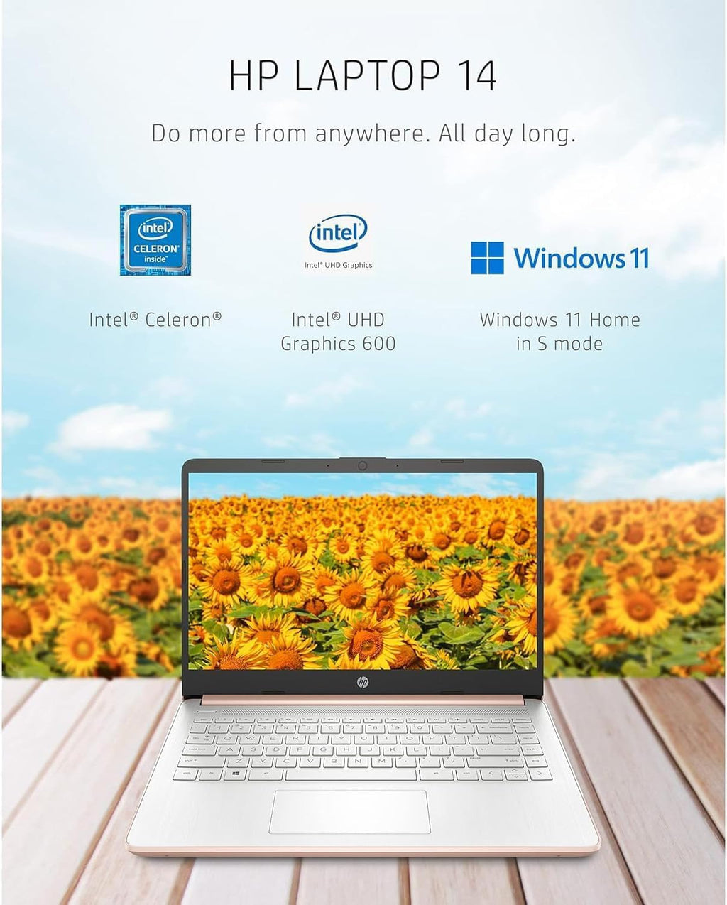 HP New 14' HD Ultra Light Thin Laptop, Quad-Core Intel Celeron Processor, 8GB RAM, 192GB (64GB eMMC+ 128GB Card), Wi-Fi, Upto 11 Hours, Windows 11 S + 1 Year Office 365+HubxcelAccessory, Rose Gold