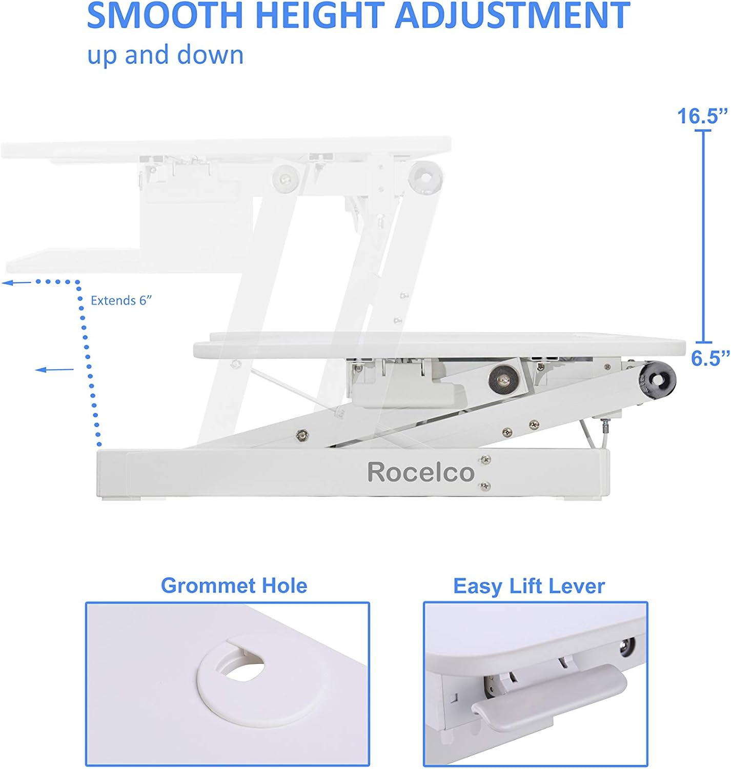 Rocelco 37.5' Deluxe Height Adjustable Standing Desk Converter - Quick Sit Stand Up Dual Monitor Riser - Gas Spring Assist Computer Workstation - Large Retractable Keyboard Tray - White (R DADRW)