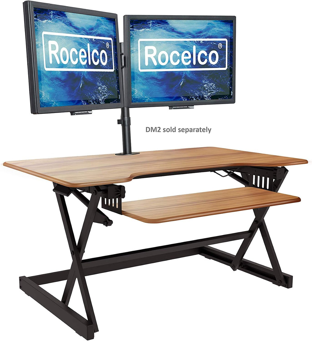 Rocelco 40' Large Height Adjustable Standing Desk Converter - Quick Sit Stand Up Dual Monitor Riser - Gas Spring Assist Computer Workstation - Retractable Keyboard Tray - Teak Wood Grain (R DADRT-40)