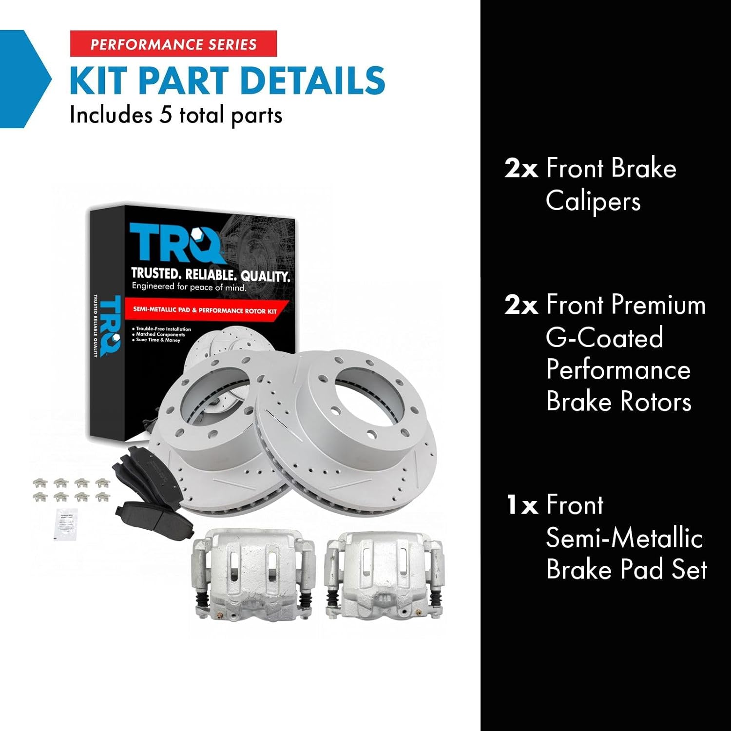TRQ Front Performance Brake Pad, Caliper, & Rotor Kit Semi-Metallic Premium G-Coated Compatible with 2005-2012 Ford F-250 Super Duty F-350 Super Duty