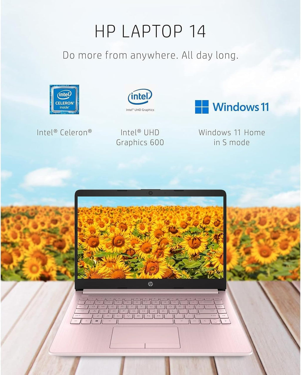 HP New 14' HD Ultra Light Thin Laptop, Quad-Core Intel Celeron Processor, 16GB RAM, 320GB (64GB eMMC+ 256GB Card), Wi-Fi, Upto 11 Hours, Windows 11 S + 1 Year Office 365+HubxcelAccessory, Pink