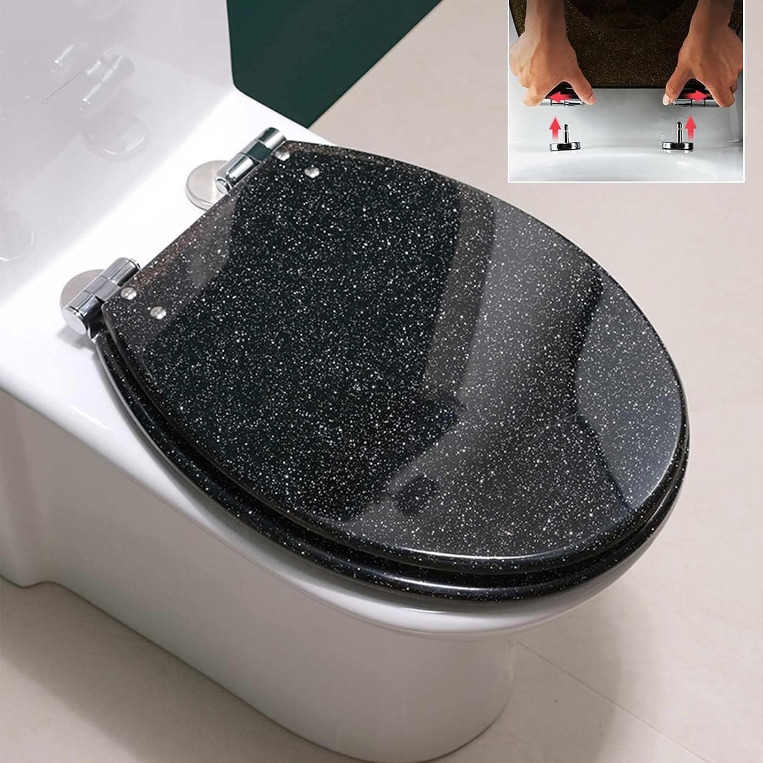 16.5 in Toilet Seat,Round Toilet Seat Cover Thicken Heavy Duty Non-Slip Toilet Lid Quick Release Easy Cleaning,Resin Toilet Seat with Adjustable Hinges,Silver，Black