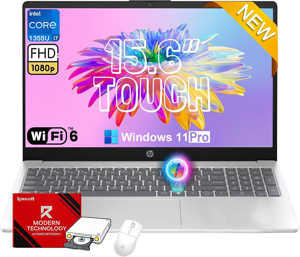 HP 2026 15.6' Touchscreen Business Laptop - Intel 10-Core i7 1355U (Up to 5.0GHz), 16GB RAM, 512GB SSD, 15.6' FHD Anti-Glare 300 nits Display, Win 11 Pro, Wi-Fi 6, Ai Copilot, w/Redragon Bundle
