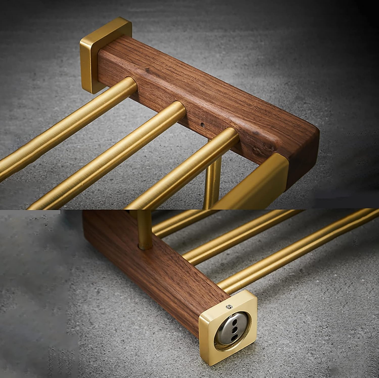 Bathroom Towel Rack Brushed Gold Towel Bar Space Aluminum and Walnut Towel Rail Wall Mounted Towel Holder Double Rod Storage Rack for Bathroom, Kitchen, Toilet