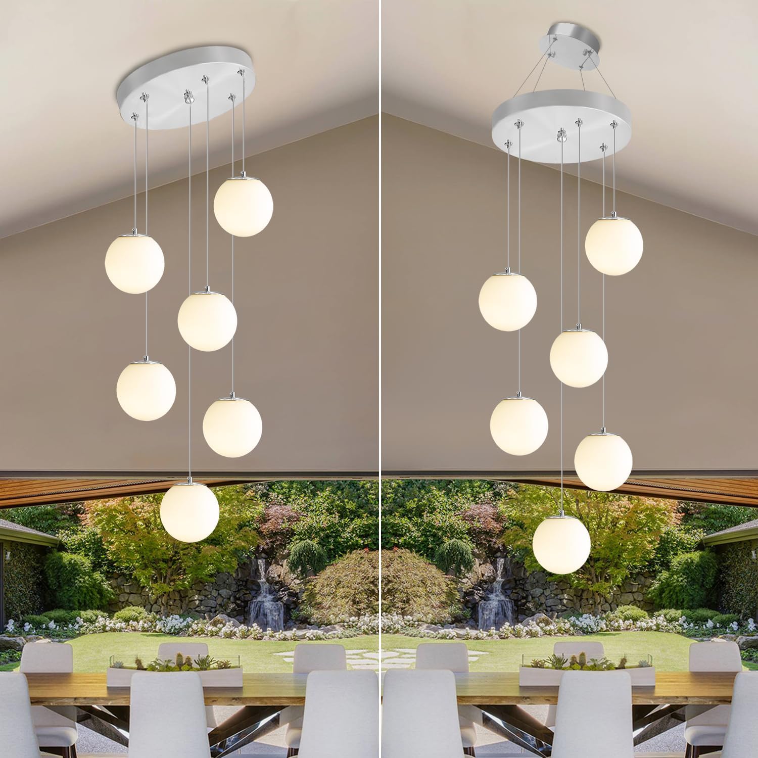 ykolupty 6-Light Silver Chandelier with White Globe Glass Dimmable Ceiling Light Glass Pendant Light for Kitchen Island, Dining Room, Living Room, Entry Hallway, LED Bulbs Included