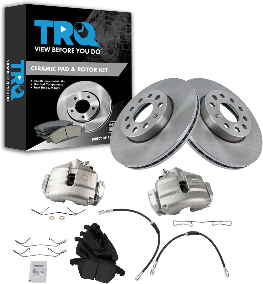 TRQ Front Brake Pad and Rotor Set Ceramic Rotors Calipers Hoses Compatible with 2010 Audi A3 2012 Volkswagen Golf 2013 GTI 2009-2010 Jetta 2006-2009 Rabbit