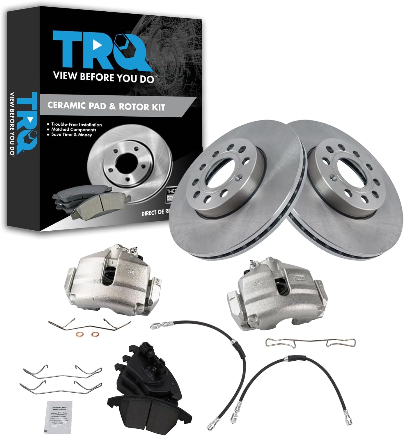 TRQ Front Brake Pad and Rotor Set Ceramic Rotors Calipers Hoses Compatible with 2010 Audi A3 2012 Volkswagen Golf 2013 GTI 2009-2010 Jetta 2006-2009 Rabbit