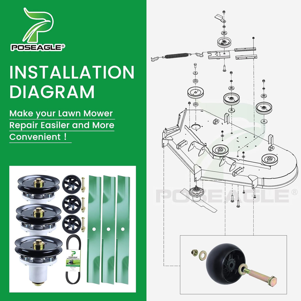 60 Inch Mower Deck Rebuild Kit for Hustler Raptor SD 934778 935916 935841 Includes 3 Pack 601804 Spindle Assembly with 604704 Spindle Pulley 788166 Wheel 793794 Blade 604711 Belt 5/8x154
