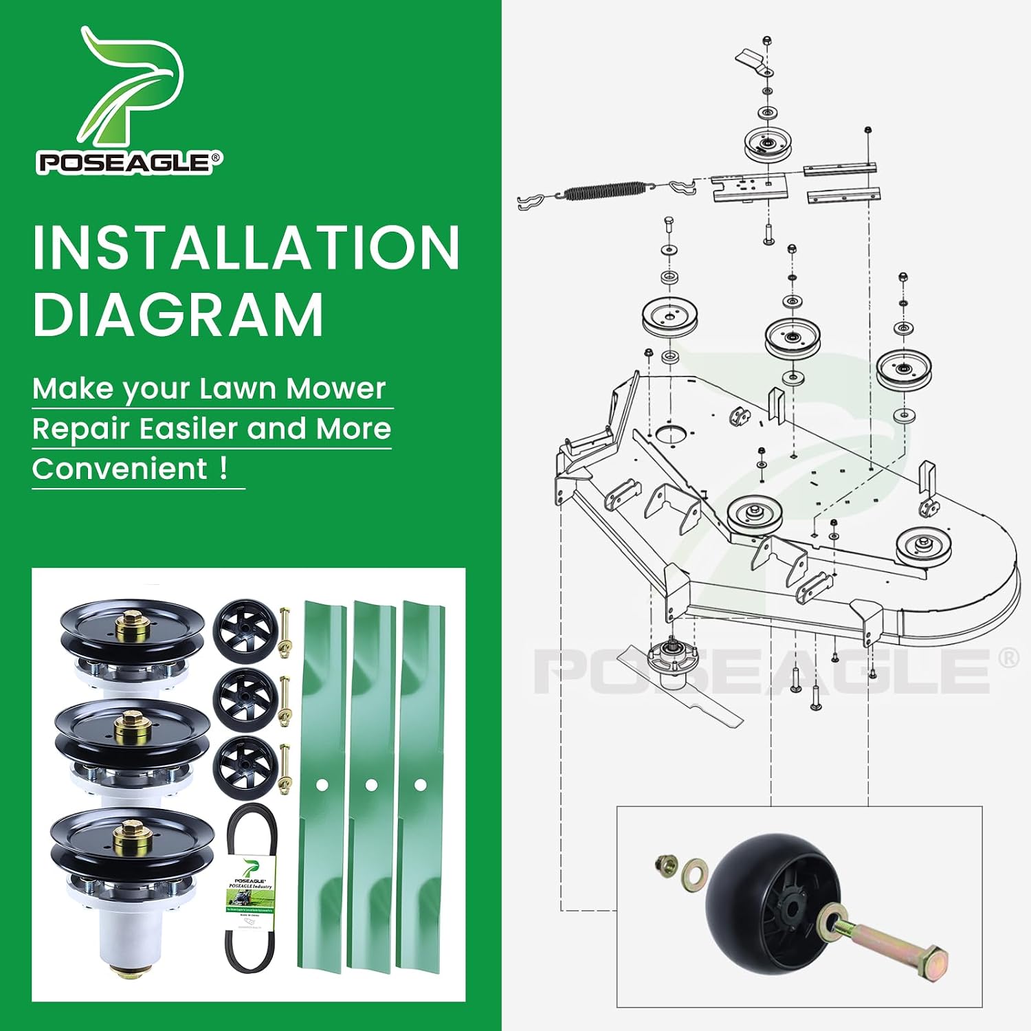 60 Inch Mower Deck Rebuild Kit for Hustler Raptor SD 934778 935916 935841 Includes 3 Pack 601804 Spindle Assembly with 604704 Spindle Pulley 788166 Wheel 793794 Blade 604711 Belt 5/8x154