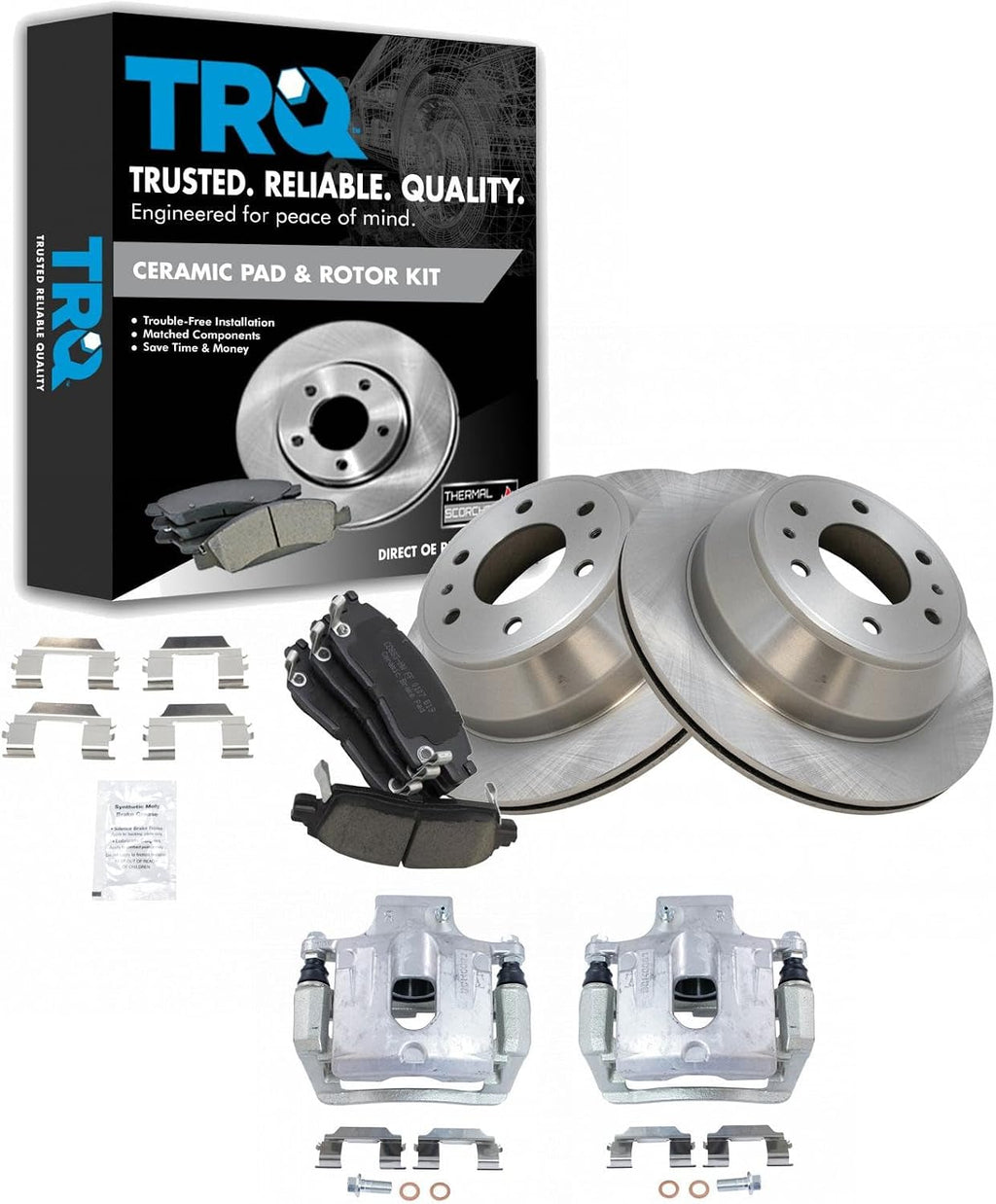 TRQ Rear Brake Pad and Rotor Set Ceramic Calipers Compatible with 2002-2009 Chevrolet Trailblazer GMC Envoy XL XUV 2002-2006 EXT 2004-2006 SSR 2004-2007 Buick Rainier 2002-2004 Oldsmobile Bravada