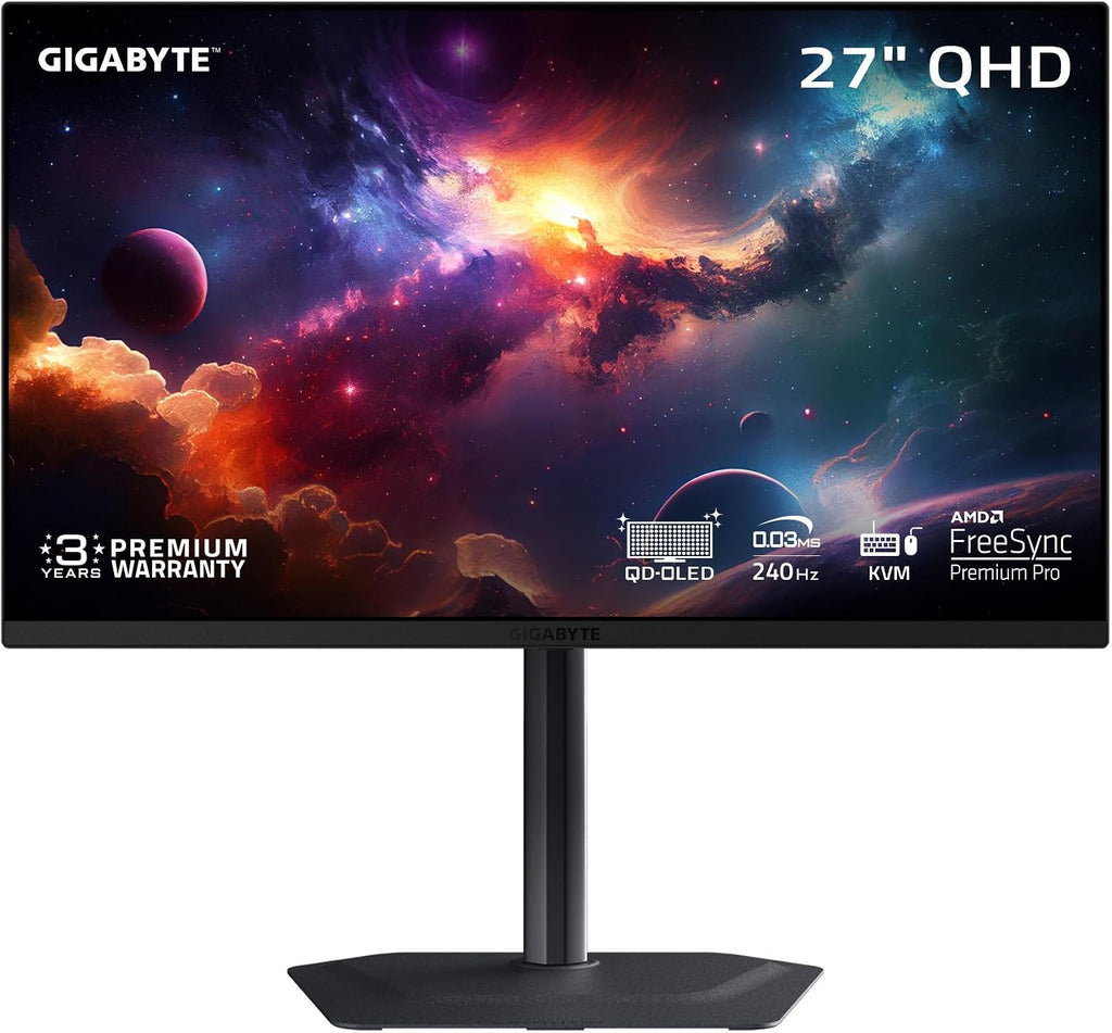 GIGABYTE - MO27Q2-27' QD-OLED Gaming Monitor - QHD 2560x1440-240Hz - 0.03ms GTG - AMD FreeSync Premium Pro - Type C KVM - HDMI, DP - Height Adjustable - Black
