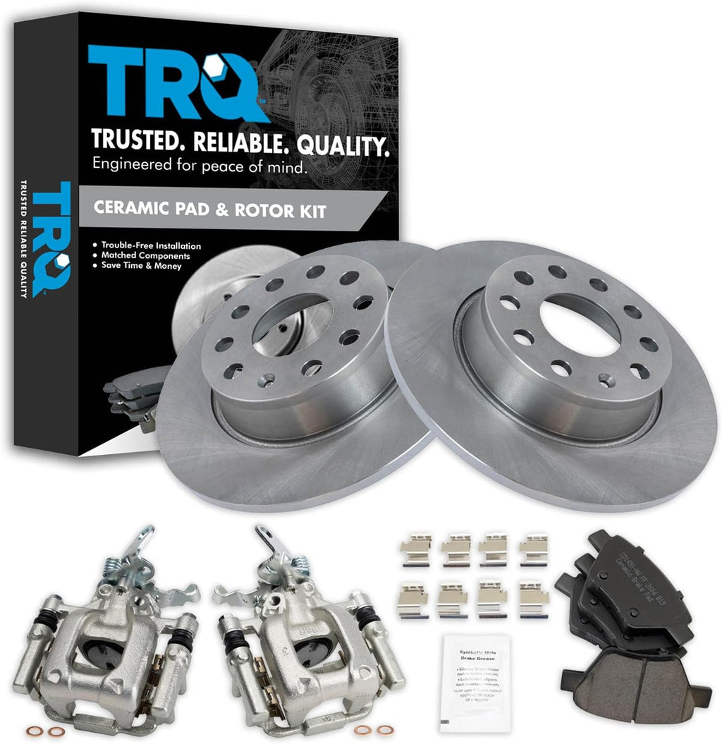 TRQ Rear Brake Pad and Rotor Set Ceramic Solid Rotors Calipers Compatible with 2010-2013 Audi A3 A3 Quattro 2011-2016 Volkswagen Eos 2012 Beetle 2010-2014 Golf Jetta 2012-2015 Passat 2012-2013 GTI