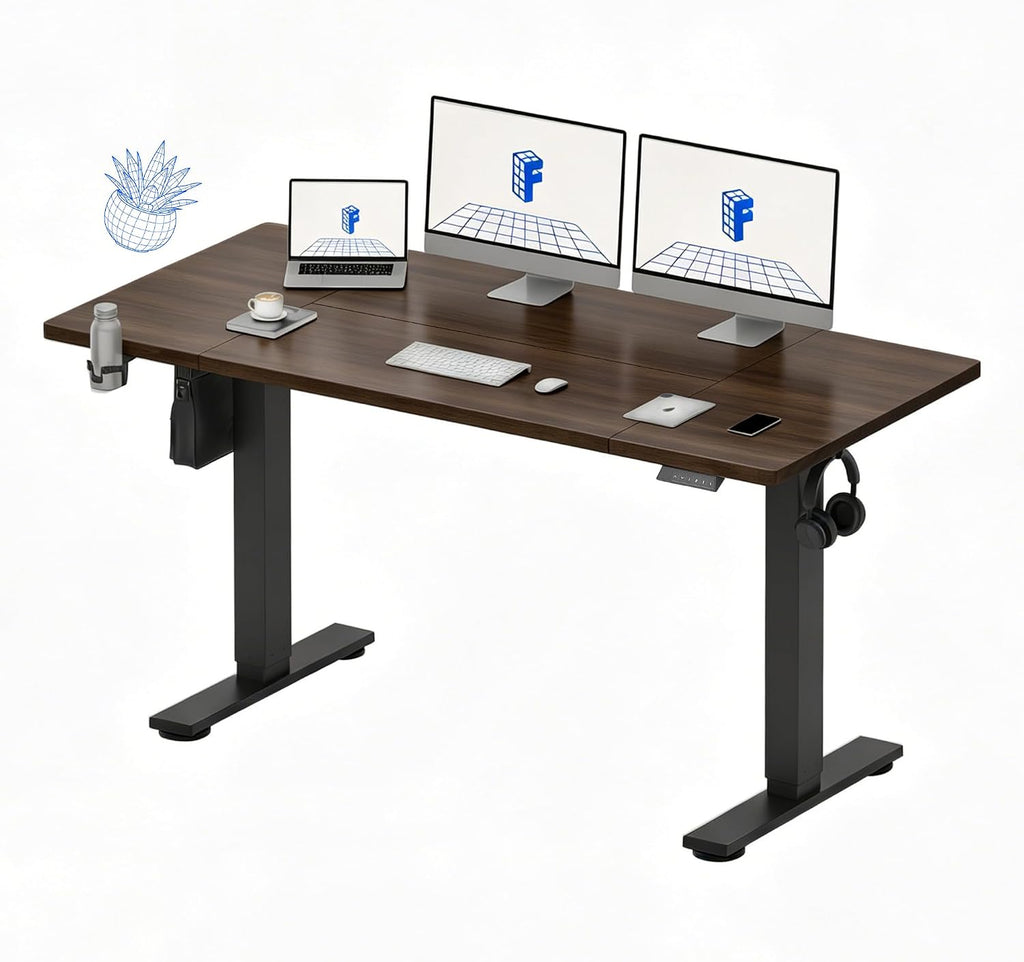 FLEXISPOT 63x32 Inch Electric Large Standing Desk for Home & Office, Spacious Splice Board Desk with Cable Management & Organizer, Cup Holder & Hook, Black Walnut
