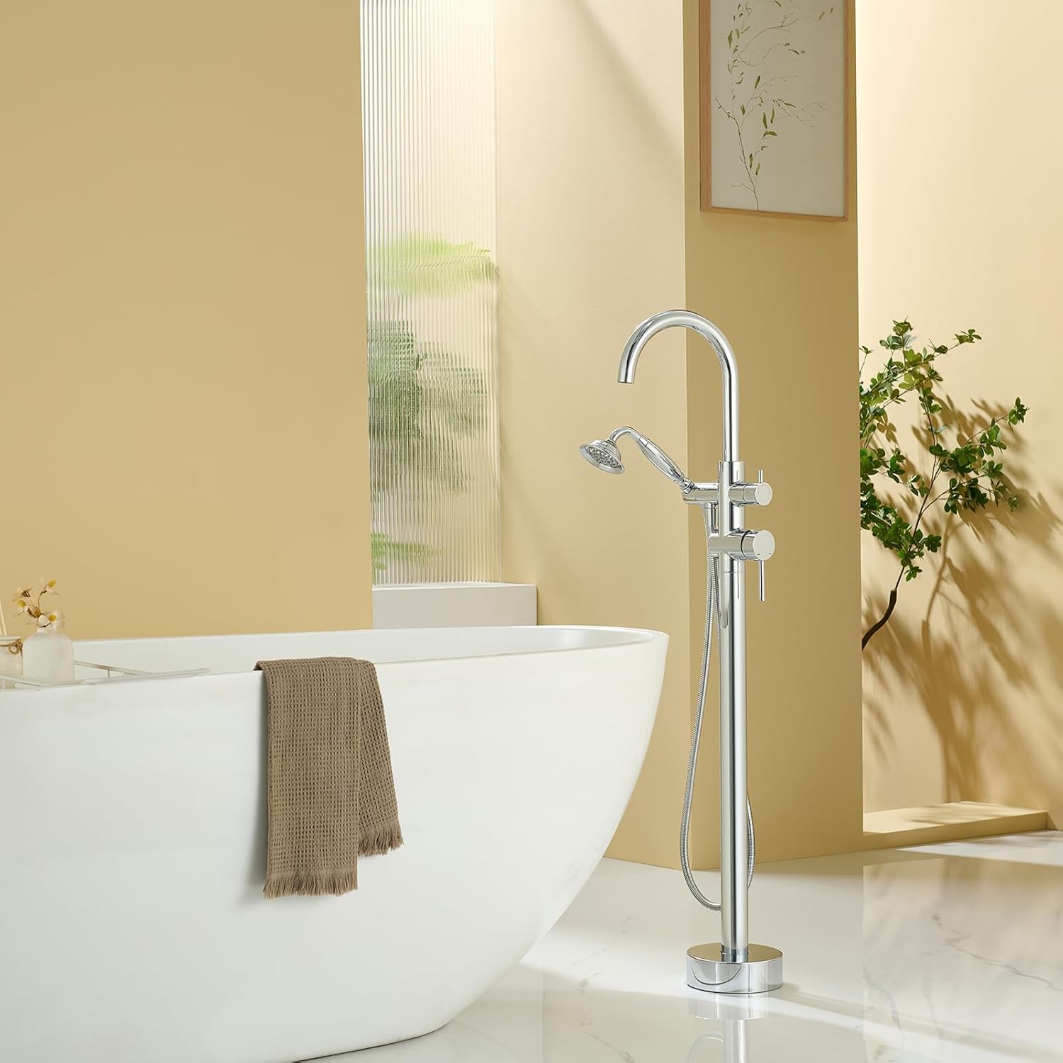 Wowkk Tub Filler Freestanding Bathtub Faucet Chrome Floor Mounted Brass Bathroom Tub Faucets with Hand Shower