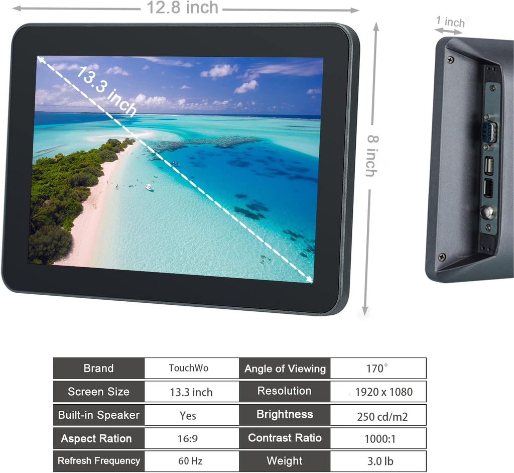 13.3 inch Capacitive Multi-Touch Screen Industrial Monitor, 16:9 Display 1920 x 1080P, Built-in Speakers, VGA & HD-MI Monitor for PC, POS, Small Business, Restaurant