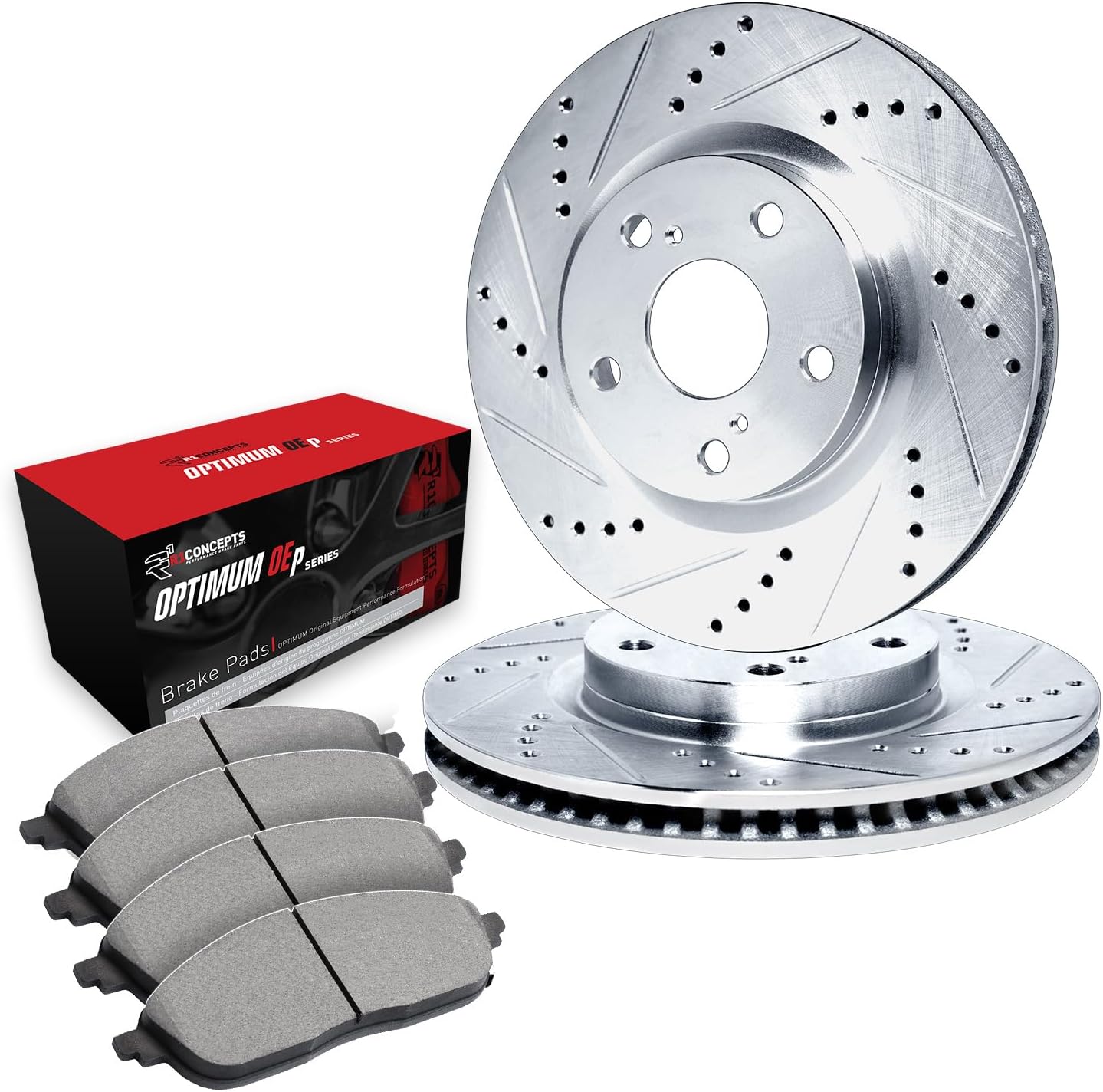 R1 Concepts Front Brake Kit Fits 2019-2023 Genesis G70; 2018-2021 Kia Stinger| Optimum Oep Brake Pads and Drilled Slotted Brake Rotors| 12.6' Front